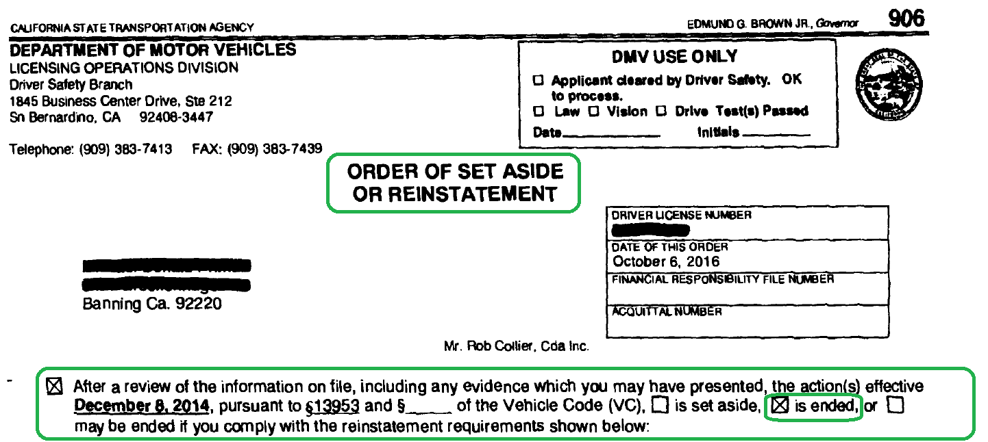 California DMV Order of Set Aside or ReinstatementCalifornia DMV
